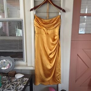 Hello Molly Satin Midi Dress Gold Yellow Corset Glam Medium Wedding Prom Fierce